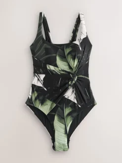 Badkleding*Next - Twist Scoop Buikcorrigerend badpak Zwart/groen blad