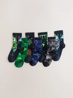 Sokken|Next Zwart/groen drippy gamer - Verpakking van 7 paar sokken met hoog aandeel katoen