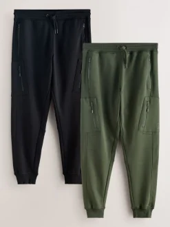 Joggingbroeken|Next - Slim Fit Utility Brushback Heavyweight 2 Pack Cargo Joggers Zwart/kakigroen