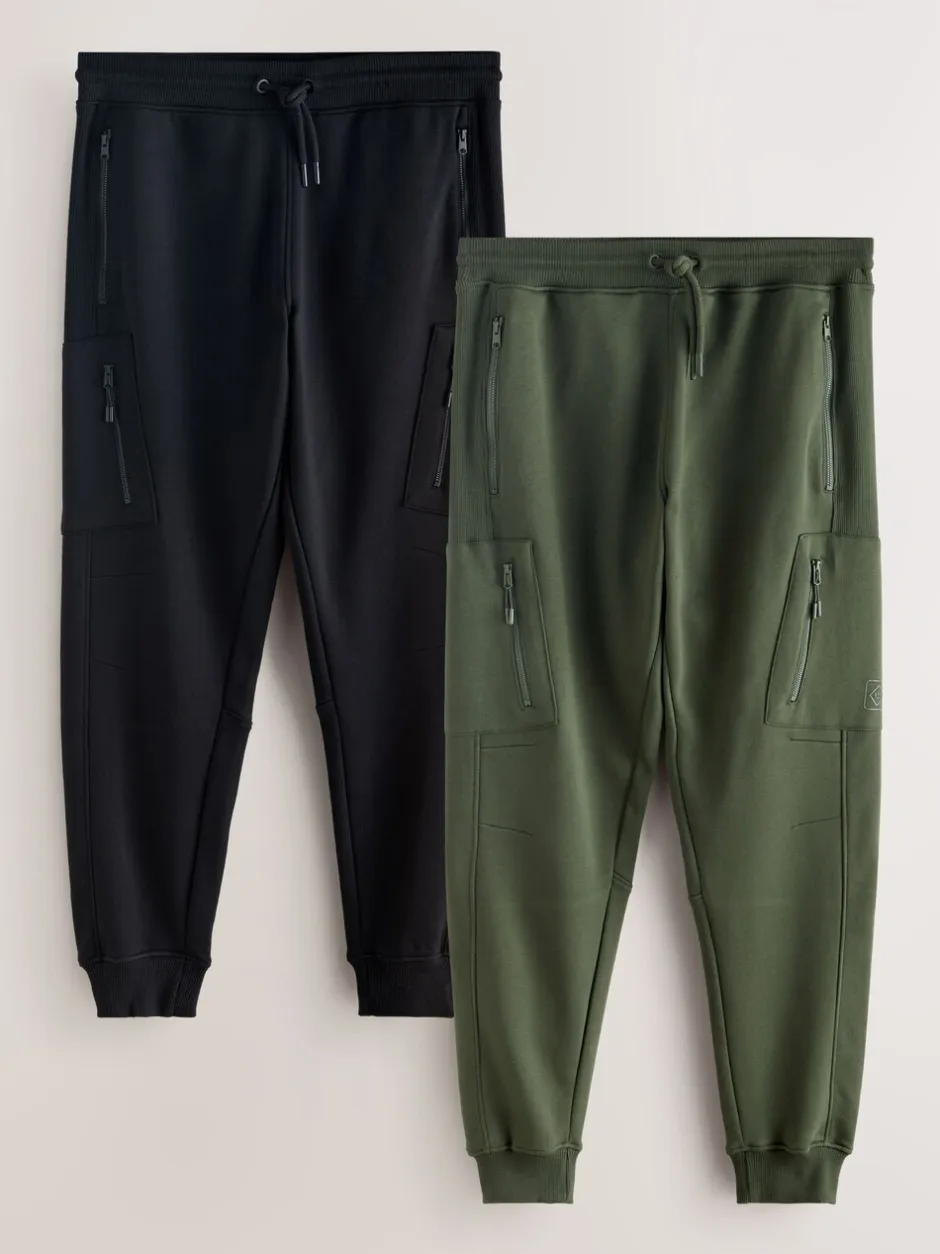 Joggingbroeken|Next - Slim Fit Utility Brushback Heavyweight 2 Pack Cargo Joggers Zwart/kakigroen