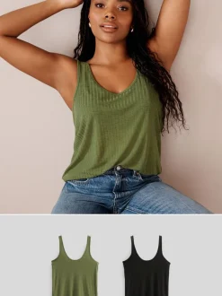 Tops En T-Shirts|Next - Verpakking van 2 geribbelde nonchalante hemdjes met ruime ronde hals Zwart/kakigroen