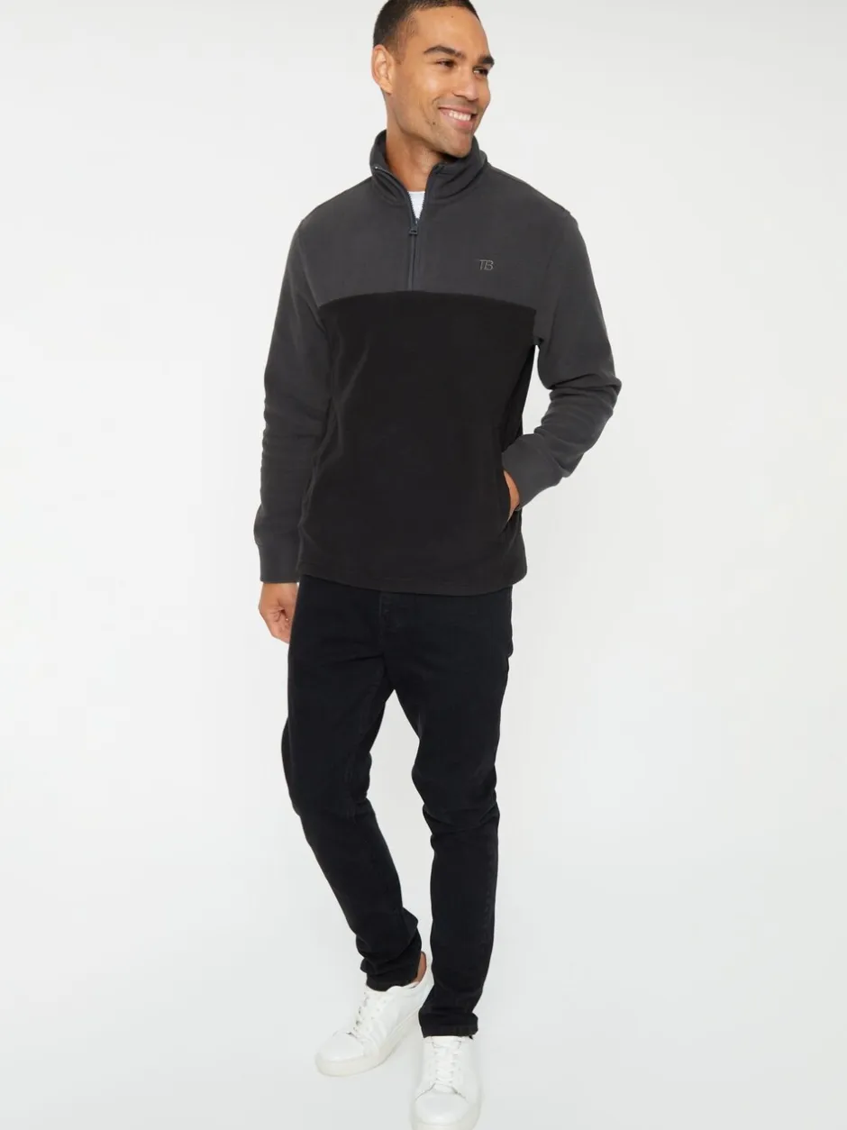 Sweaters En Hoody´S|Sweaters En Hoody´S*Threadbare Zwart/leisteen - tweekleurige fleece sweatshirt met kwartrits