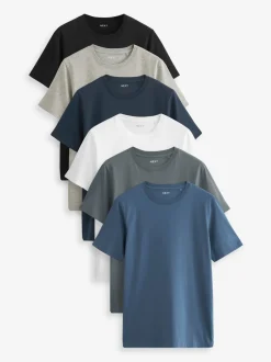 T-Shirts En Hemden|Next - Slim Fit - Essential katoenen T-shirts verpakking van 6 Zwart/leisteen/grijs gemêleerd/wit/marineblauw/blauw