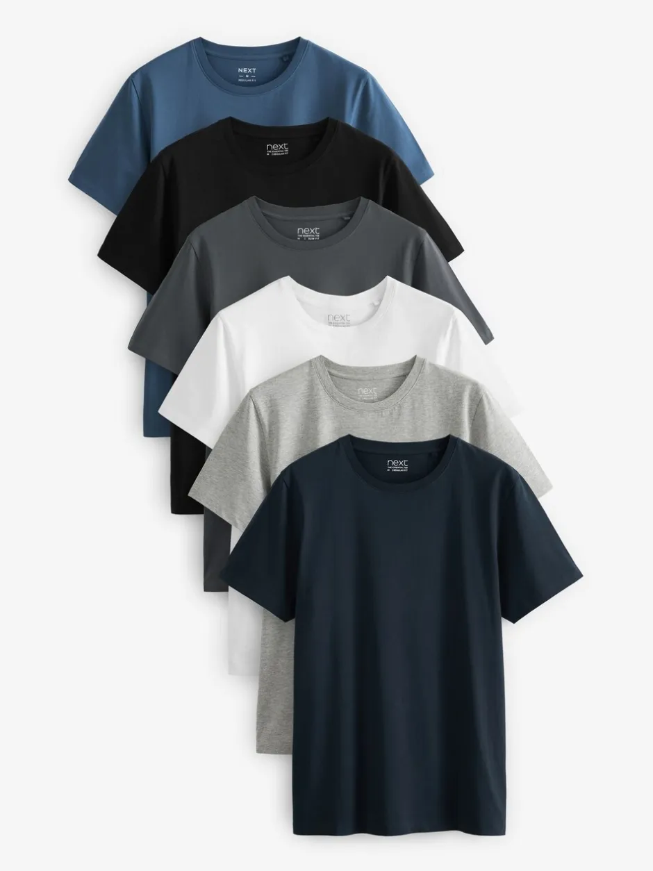 T-Shirts En Hemden|Next Zwart/leisteen/grijs gemêleerd/wit/marineblauw/blauw - Normale Pasvorm - Essential katoenen T-shirts verpakking van 6
