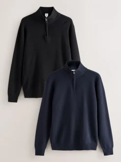 Gebreide Kleding*Next - 100% Cotton Regular Fit Premium Quarter Zip Jumpers 2 Pack Zwart/marineblauw