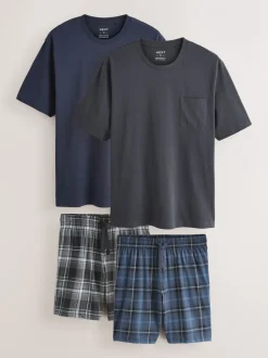 Pyjama's|Loungewear|Next Zwart/marineblauw - Check Short Sleeve Jersey Pyjamas Set 2 Pack