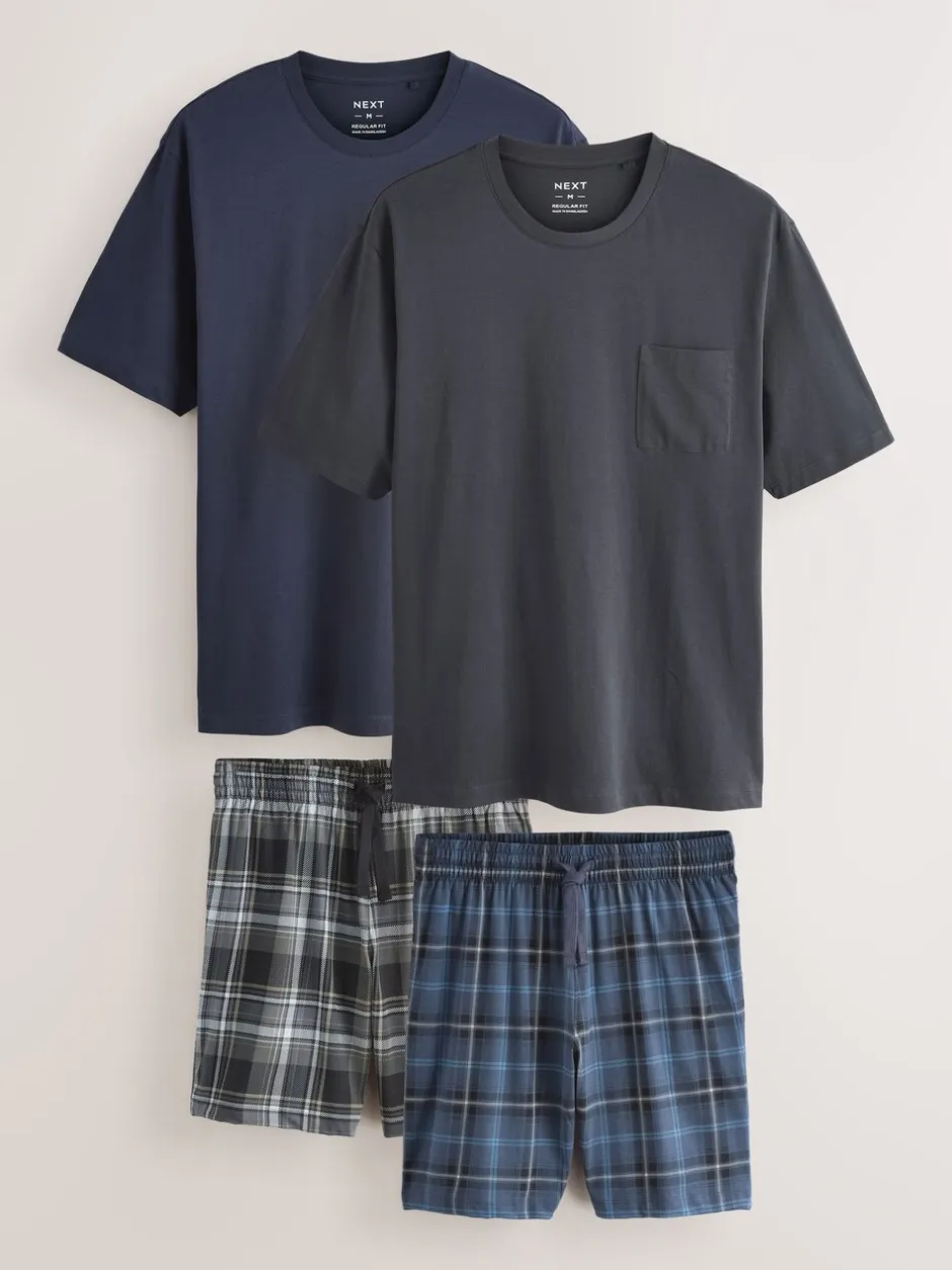 Pyjama's|Loungewear|Next Zwart/marineblauw - Check Short Sleeve Jersey Pyjamas Set 2 Pack