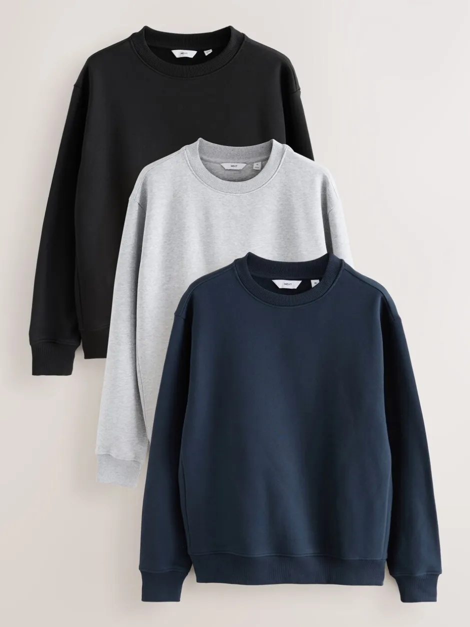 Sweaters En Hoody´S|Sweaters En Hoody´S*Next Zwart/Marineblauw/Gemêleerd grijs - Heavyweight Cotton Rich Jersey Crew Sweatshirts 3 Pack