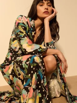 Jurken*Next - Printed Long Sleeve Shirt Dress Zwart/meerkleurig met bloemenprint