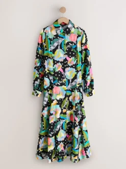 Jurken*Next - Printed Long Sleeve Shirt Dress Zwart/meerkleurig met bloemenprint