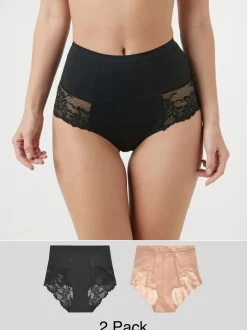 Shapewear|Next - Verpakking van 2 Braziliaanse slipjes met kanten achterkant en buikcorrigerend effect en print Zwart/praline huidskleur