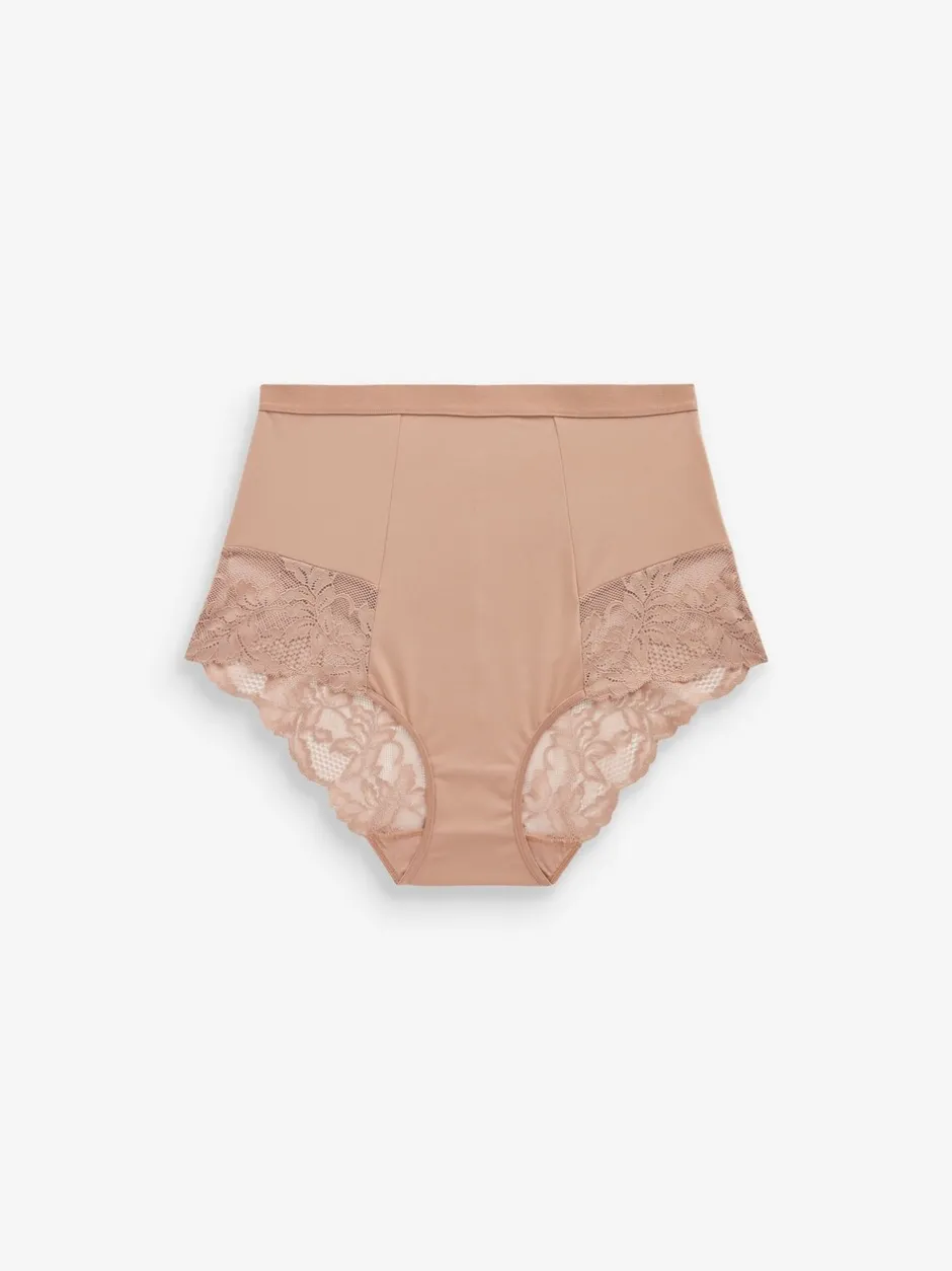 Shapewear|Next - Verpakking van 2 Braziliaanse slipjes met kanten achterkant en buikcorrigerend effect en print Zwart/praline huidskleur