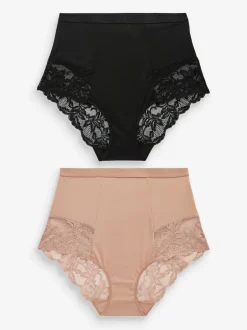 Shapewear|Next - Verpakking van 2 Braziliaanse slipjes met kanten achterkant en buikcorrigerend effect en print Zwart/praline huidskleur