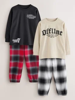 Pyjama's|Nachtkleding En Pyjama's|Next Zwart/Rood/kiezelkleurig Offline - Set van 2 geweven geruite pyjama's met lange mouwen (3-16jr)