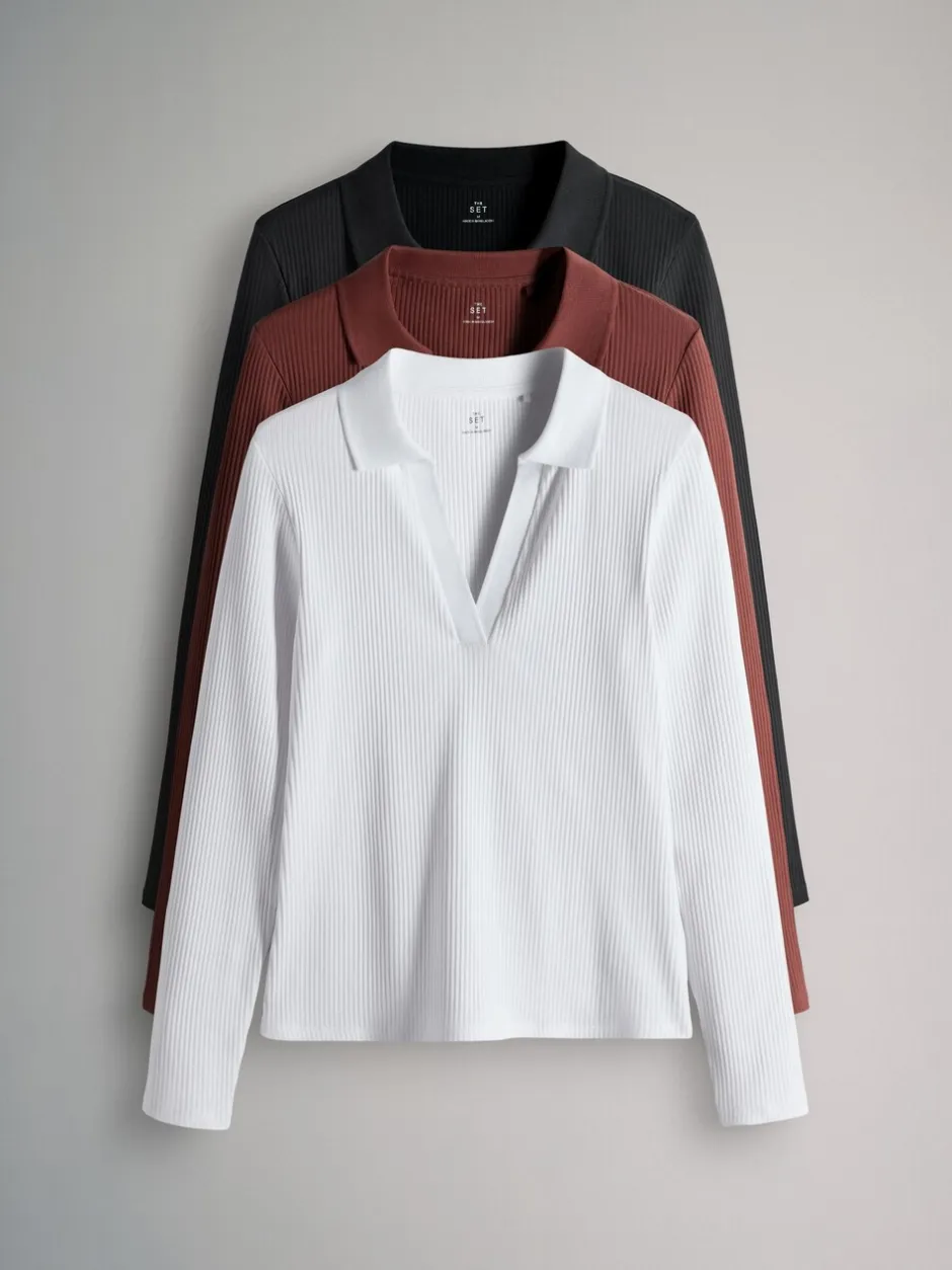 Tops En T-Shirts|The Set - 3 Pack Long Sleeve Ribbed Polo Top Zwart/roze/wit