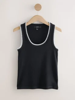 Gebreide Kleding|Tops En T-Shirts|Next - Contrast Knit Trim Ronde hals Mouwloos Tank Vest Top Zwart/wit