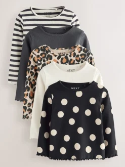 Tops|Multipacks|Next Zwart/wit - Verpakking van 5 geribde tops met lange mouwen (3mnd-7jr)