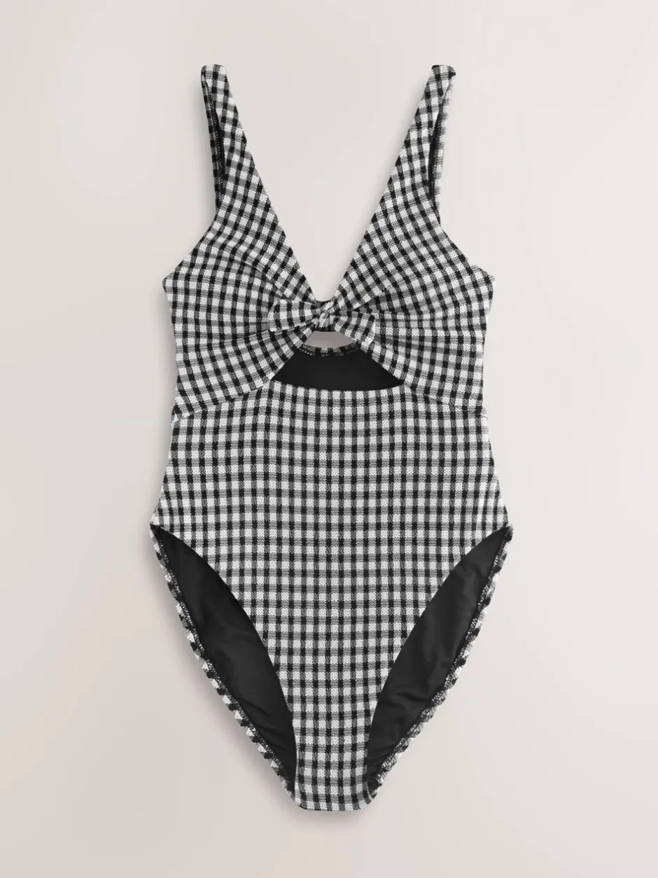 Badkleding*Next Zwart/wit gekreukte gingham-ruit - Uitgesneden plooi buik controle Zwempak