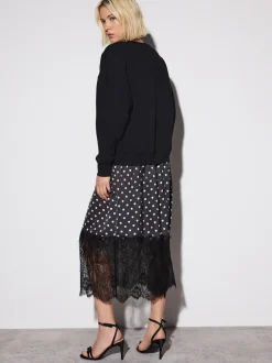 Gelegenheidskleding|Jurken*Next Zwart-wit gestipt - 2-In-1 Sweatshirt met Satijnen Midi Rok