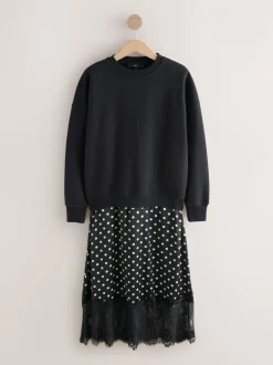 Gelegenheidskleding|Jurken*Next Zwart-wit gestipt - 2-In-1 Sweatshirt met Satijnen Midi Rok