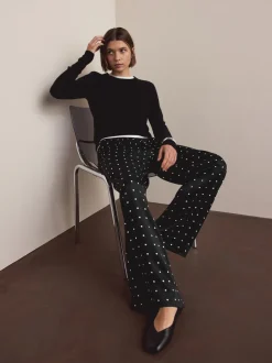 Broeken*Next - Satin Tie Waist Wide Leg Trousers Zwart-wit met stippen