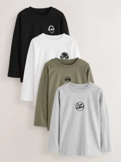T-Shirts|Tops*Next - Long Sleeve Small Graphic T-Shirts 4 Pack (3-16yrs) Zwart/wit/grijs gemêleerd/kaki
