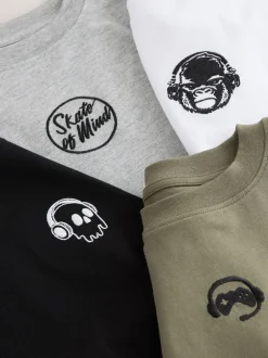 T-Shirts|Tops*Next - Long Sleeve Small Graphic T-Shirts 4 Pack (3-16yrs) Zwart/wit/grijs gemêleerd/kaki