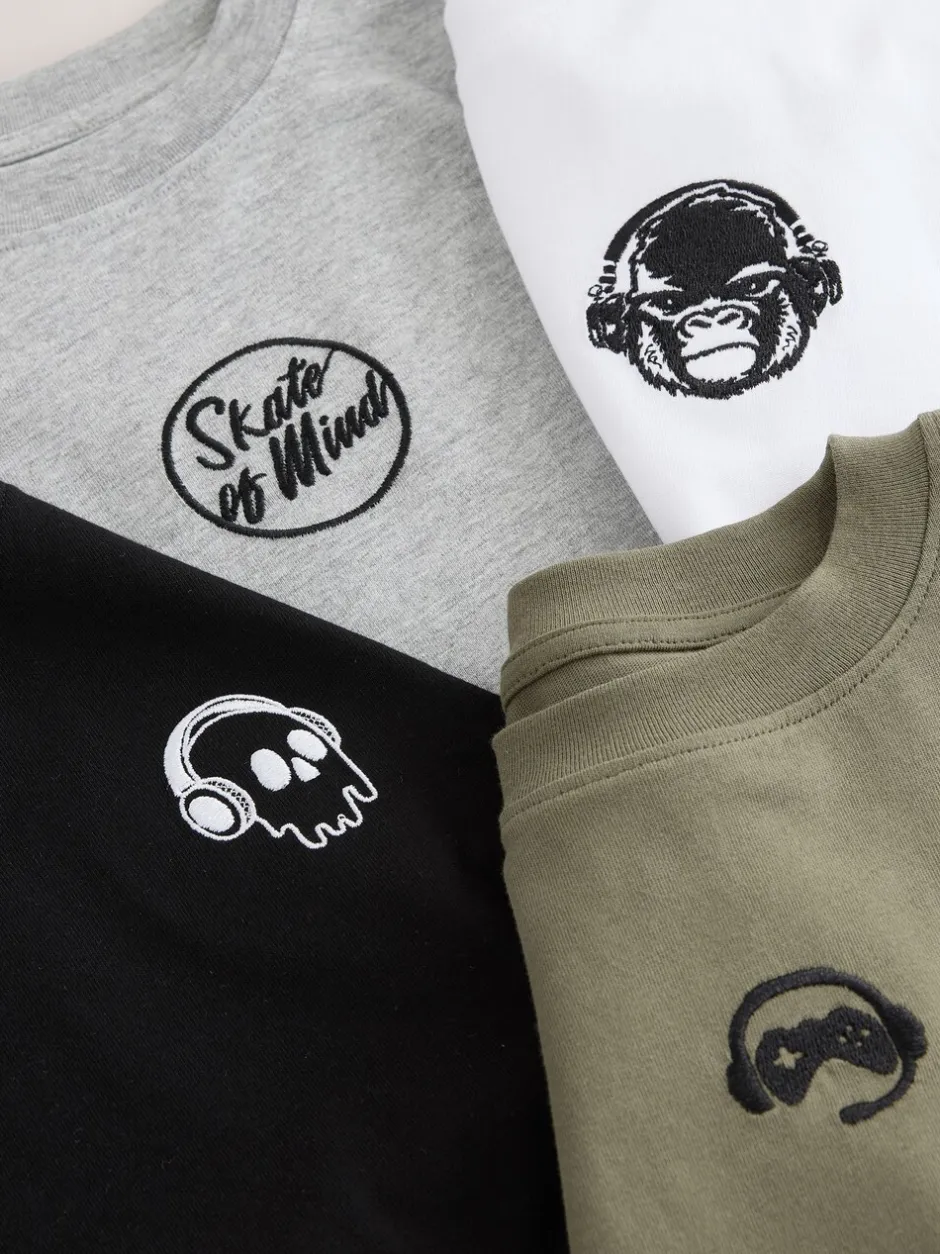 T-Shirts|Tops*Next - Long Sleeve Small Graphic T-Shirts 4 Pack (3-16yrs) Zwart/wit/grijs gemêleerd/kaki