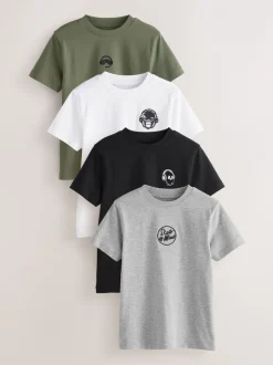 T-Shirts|Tops*Next - Verpakking van 4 T-shirts met kleine grafische print en korte mouwen (3 - 16 jr) Zwart/wit/grijs gemêleerd/kaki