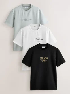 T-Shirts En Hemden*Next Zwart/wit/grijs met borduursel - Slim Fit - Set van 3 T-shirts met print