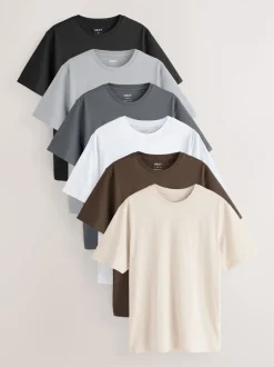 T-Shirts En Hemden*Next Zwart/Wit/grijs/leigrijs/kiezelkleurig/Bruin - Normale Pasvorm - Essential katoenen T-shirts verpakking van 6