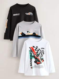 T-Shirts|Tops*Next Zwart/wit/grijze auto's - 3 Relaxed Fit T-shirts met grafische print en lange mouwen (3-16jr)