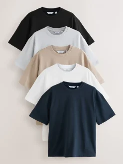 T-Shirts En Hemden*Next - Set van 5 ruimvallende dikke T-shirts Zwart/wit/kiezelkleurig/marineblauw/grijs