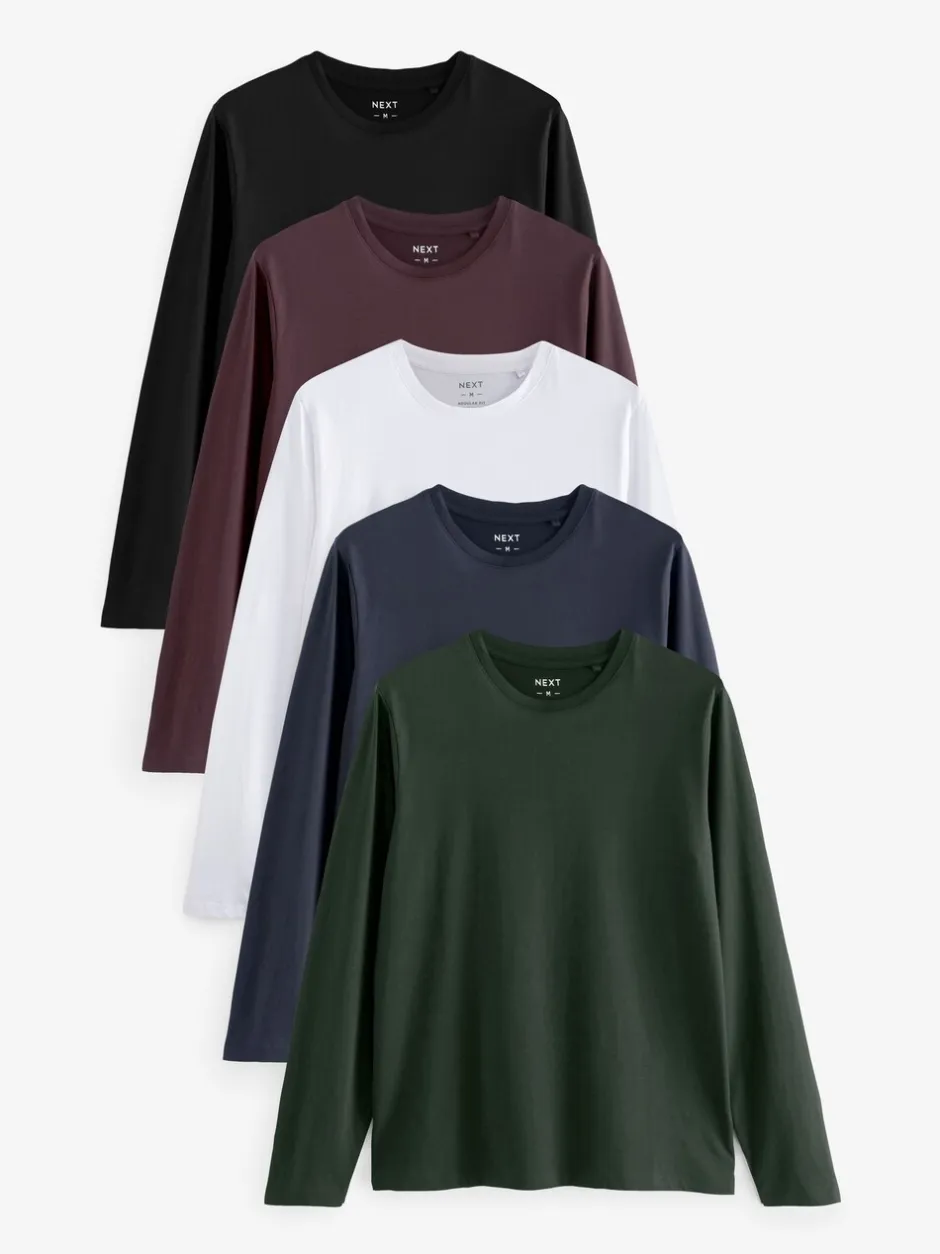 T-Shirts En Hemden*Next - Normale Pasvorm - verpakking van 5 regular-fit T-shirts met lange mouwen van 100% katoen Zwart/wit/marineblauw/groen/bordeauxrood