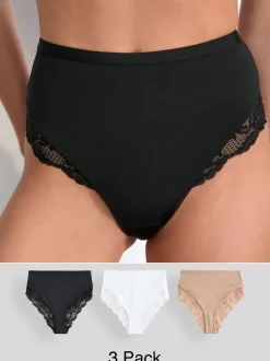 Onderbroeken*Next Zwart/wit/praline huidskleur - Microvezel & Kant Hoge Taille Slip 3 Pak
